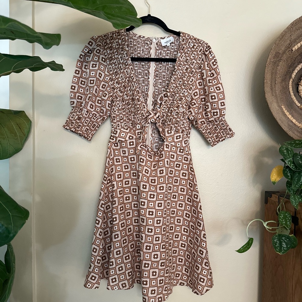Seed Heritage Brown and Cream Ruffled Puff Sleeve Midi Dress